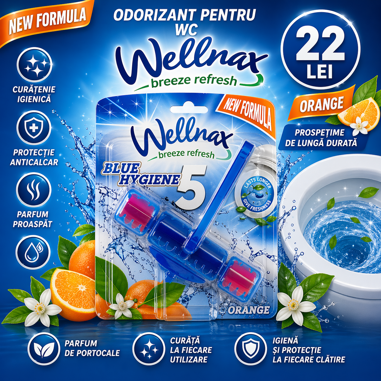 Блок-Освежитель Wellnax Blue Hygiene 5 Orange 50 g gel