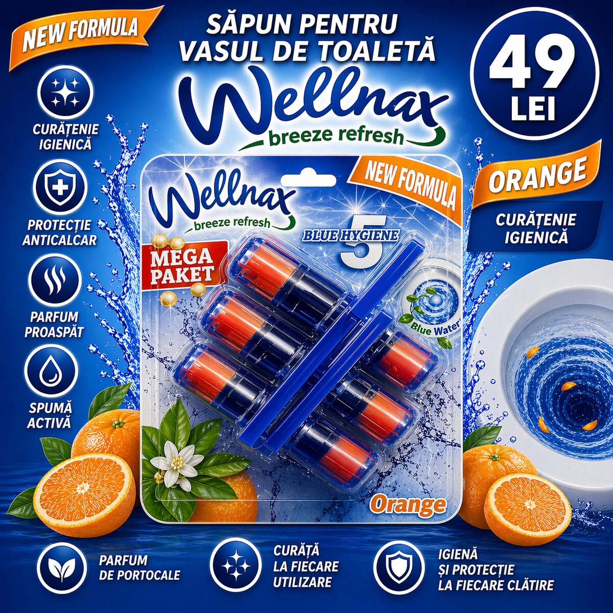 Блок-Освежитель Wellnax Blue Water 3 mega Orange 3x50g