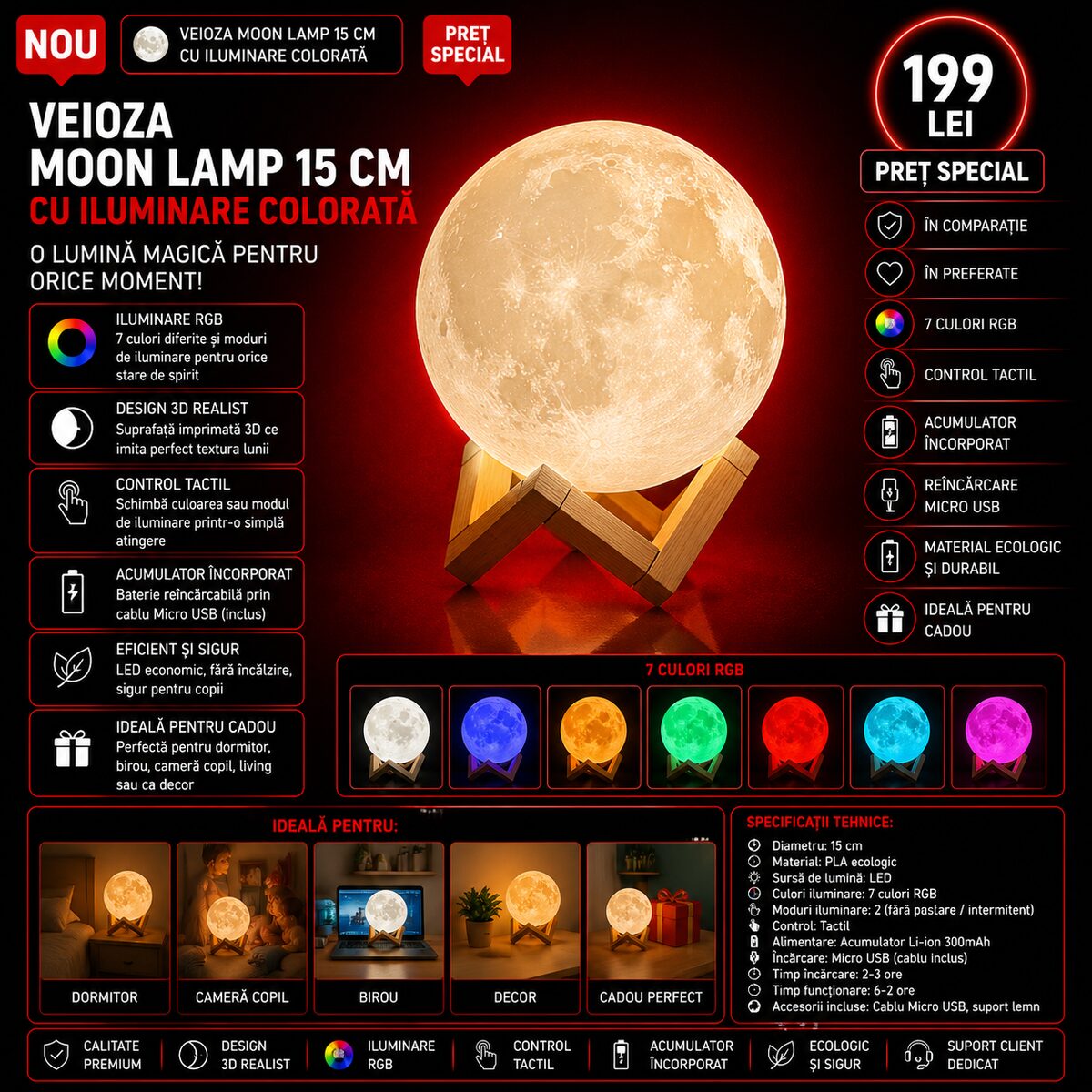 Лампа Moon Lamp с цветной подсветкой